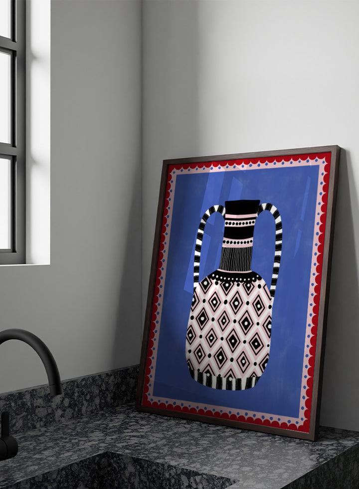 Shop Patterned Tribal Vase by Elena Ristova, a colorful wall art print poster featuring bold diamonds, stripes, pink, blue, black, and red details.