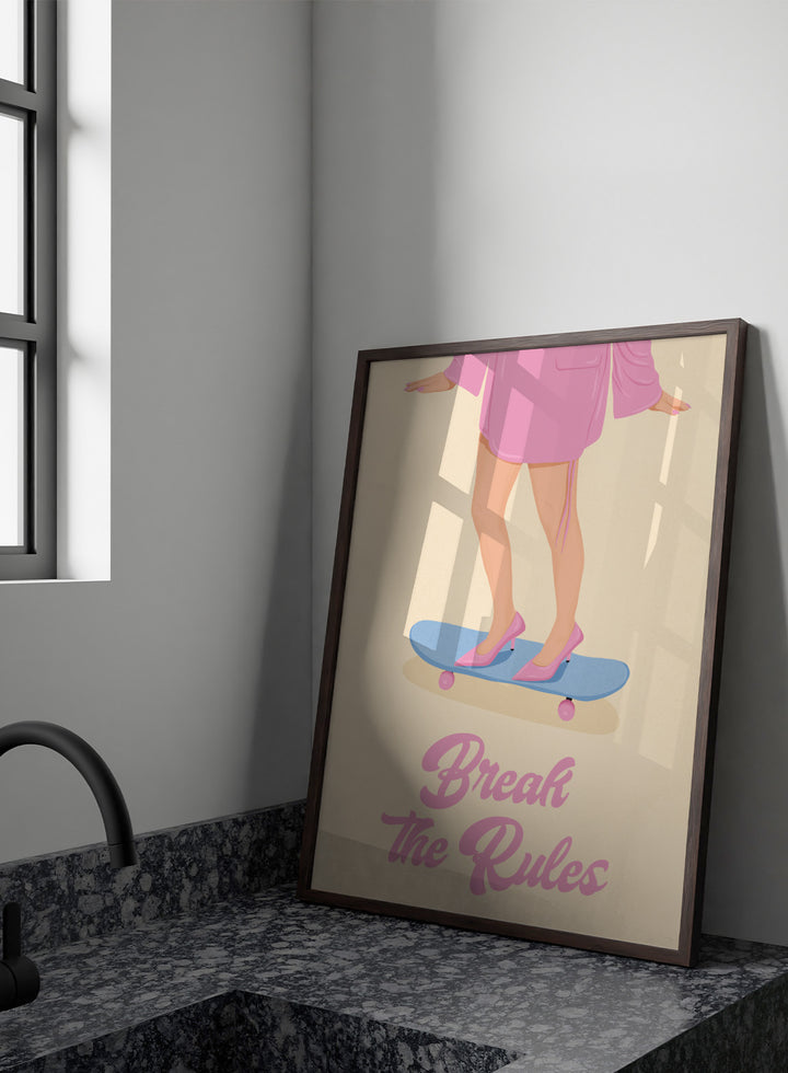 A stylized poster illustration showing a person from the waist down in a pink robe and pink heels standing on a blue skateboard with the text &