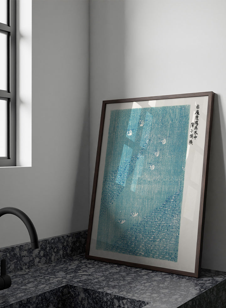 Yatsuo no Tsubaki by Taguchi Tomoki is a vintage Japanese woodblock art print featuring white birds, textured blue water, and traditional wave motifs.