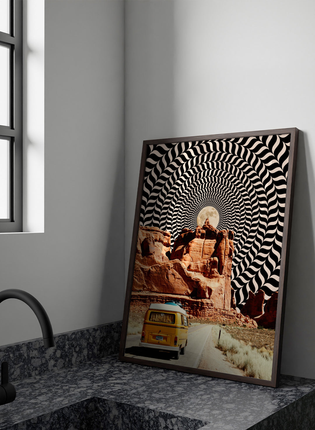 Van on a road with a surreal landscape and optical illusion pattern. The Real Road Trip by Taudalpoi surreal desert road trip art print with vintage van, red rock canyon and hypnotic cosmic sky, retro sci fi poster wall art.