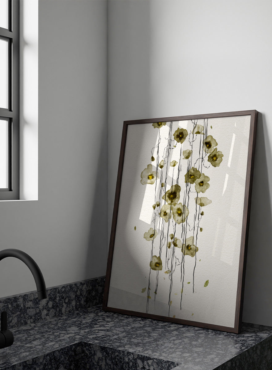 Shop Flowing Green Flowers by Ankie Kooi, a modern floral wall art print poster with abstract botanical line art, watercolor flowers, green tones, and cream.