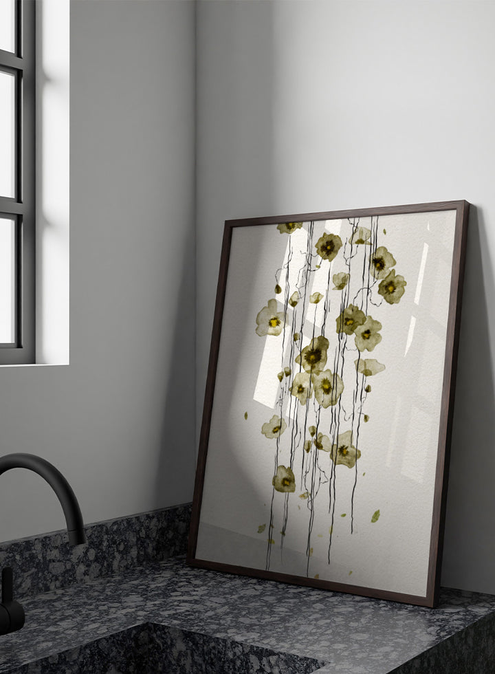 Shop Flowing Green Flowers by Ankie Kooi, a modern floral wall art print poster with abstract botanical line art, watercolor flowers, green tones, and cream.