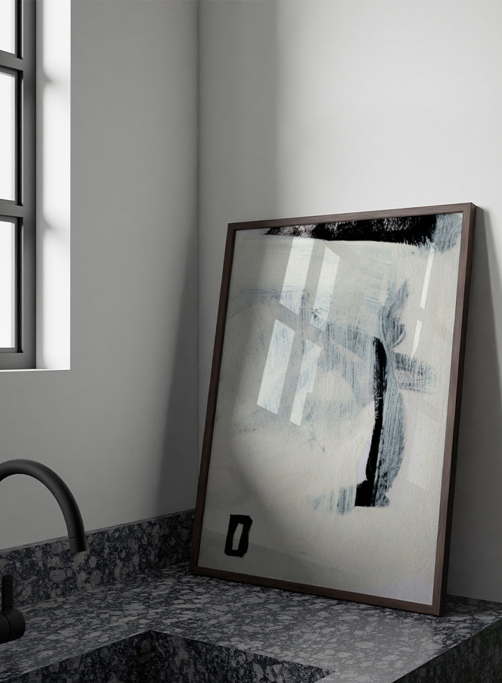 Shop Beyond by Dan Hobday, an abstract wall art print poster featuring layered blue-gray brushwork, black accents, and a minimalist modern composition.