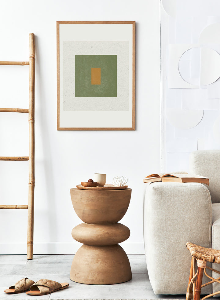 Abstract art with a green square and a smaller brown rectangle on a textured beige background. Minimalist Harmony by The MIUUS Studio is a minimalist abstract art print and wall poster featuring geometric shapes, neutral tones, and modern textured design.