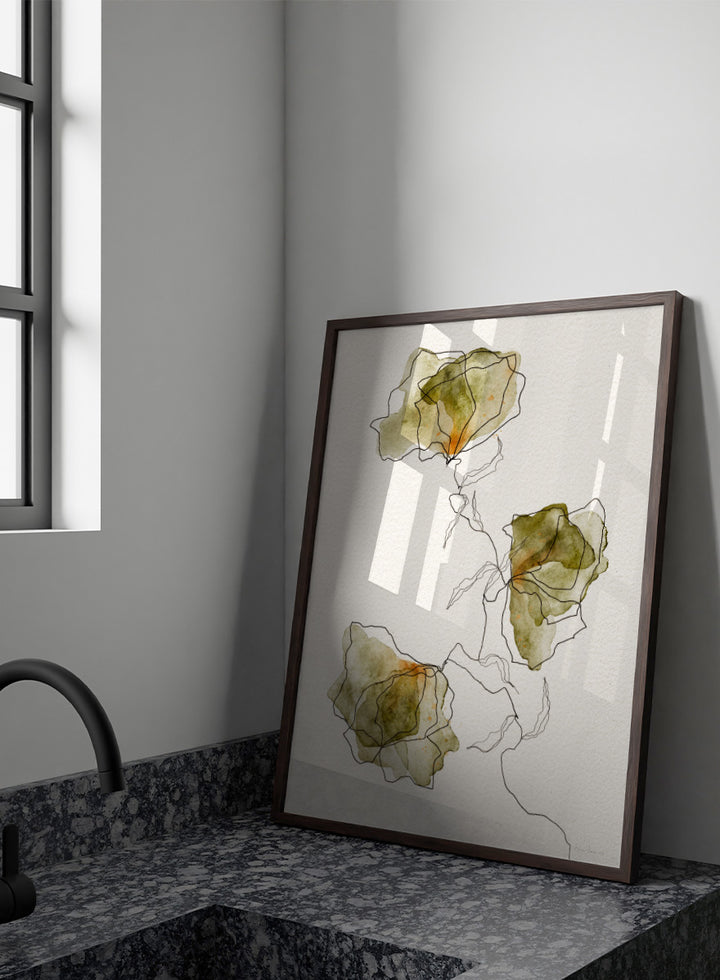 Abstract floral watercolor art print featuring three overlapping flower shapes in muted olive green, beige, and soft orange tones, outlined with fine black lines on a textured off-white background. Shop Green Watercolor Flowers by Ankie Kooi, an abstract floral wall art print poster with watercolor botanicals, minimalist line art, and green tones.