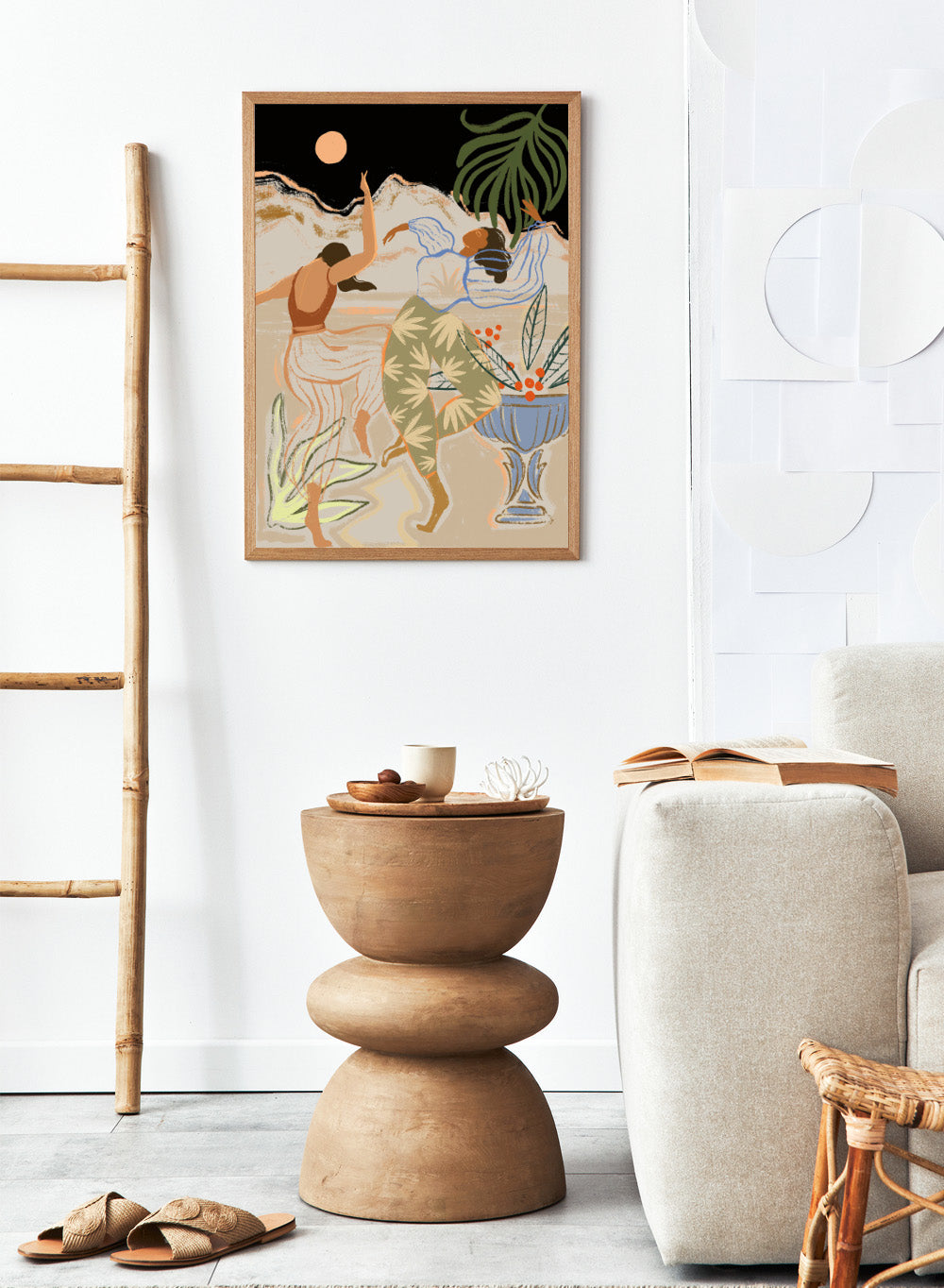 Artistic depiction of two figures dancing with plants and a vase in the background. Moonlight Dance by Arty Guava is a modern illustration art print featuring dancing women, moon imagery, floral elements, and contemporary wall art design.