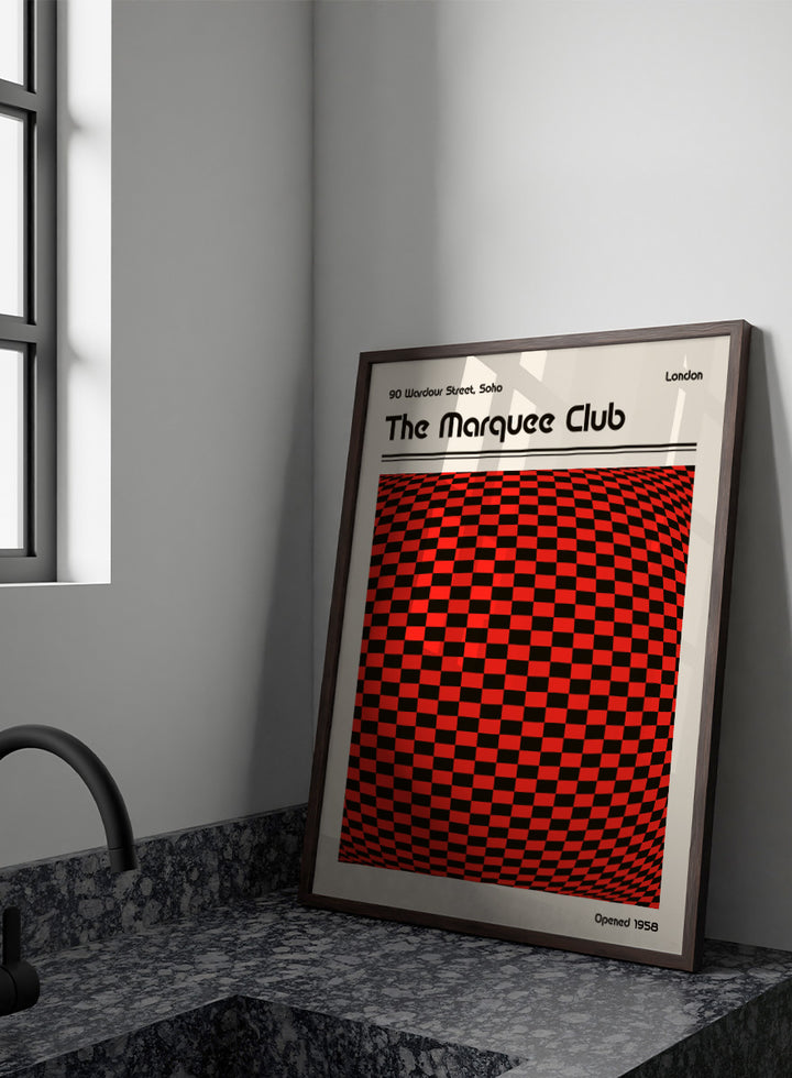 A poster-style graphic for The Marquee Club with a large red-and-black checkered optical illusion panel, black text reading &