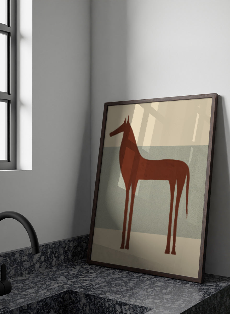 Minimalist Brown Horse by The Art Concept animal art print featuring a tall brown horse, elongated proportions, and a soft cream and blue-grey background.