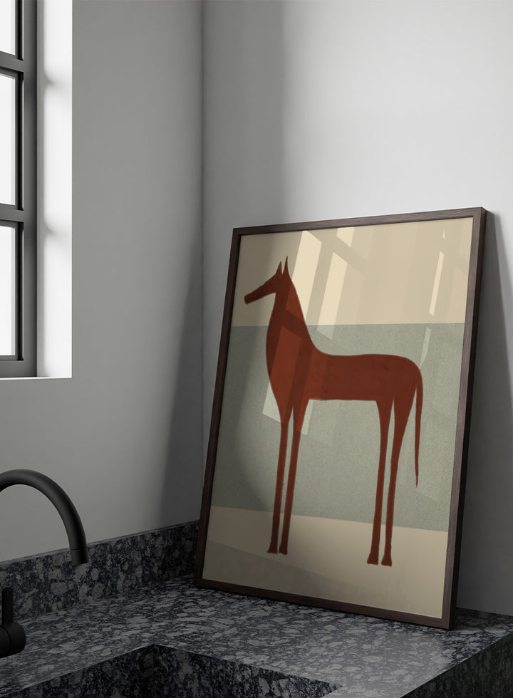 Minimalist Brown Horse by The Art Concept animal art print featuring a tall brown horse, elongated proportions, and a soft cream and blue-grey background.