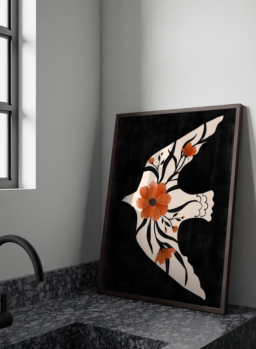 Shop Poppy Birds in Flight by Elena Ristova, a modern bird wall art print poster featuring a cream dove filled with terracotta poppies on a black background.