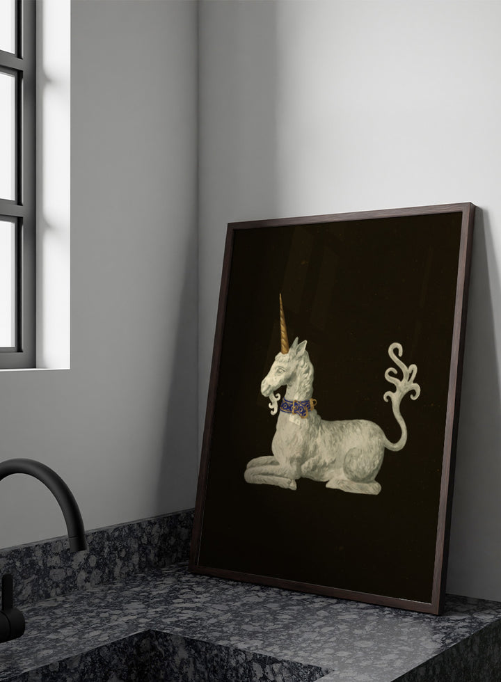 Shop Regal White Unicorn by NKTN, a whimsical unicorn wall art print poster featuring a white mythical figure, golden horn, ornate blue collar, and dark background.