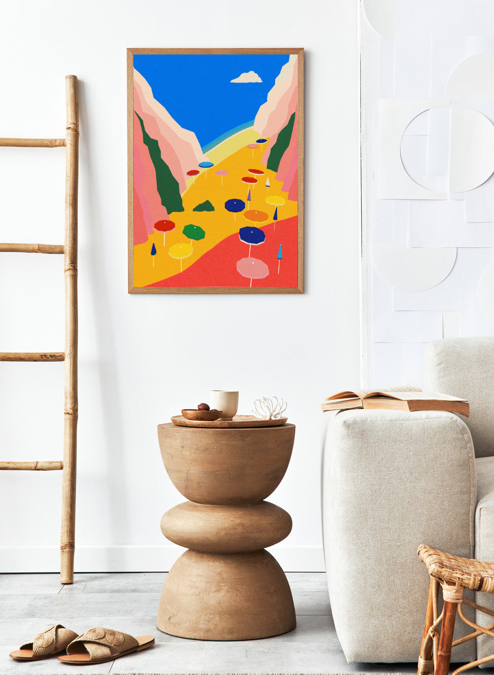 Colorful umbrellas on a red and yellow landscape with mountains and blue sky. Lido Liguria by Rosi Feist is a modern coastal art print with bold Mediterranean color, beach umbrellas, and minimalist Italian travel poster style.