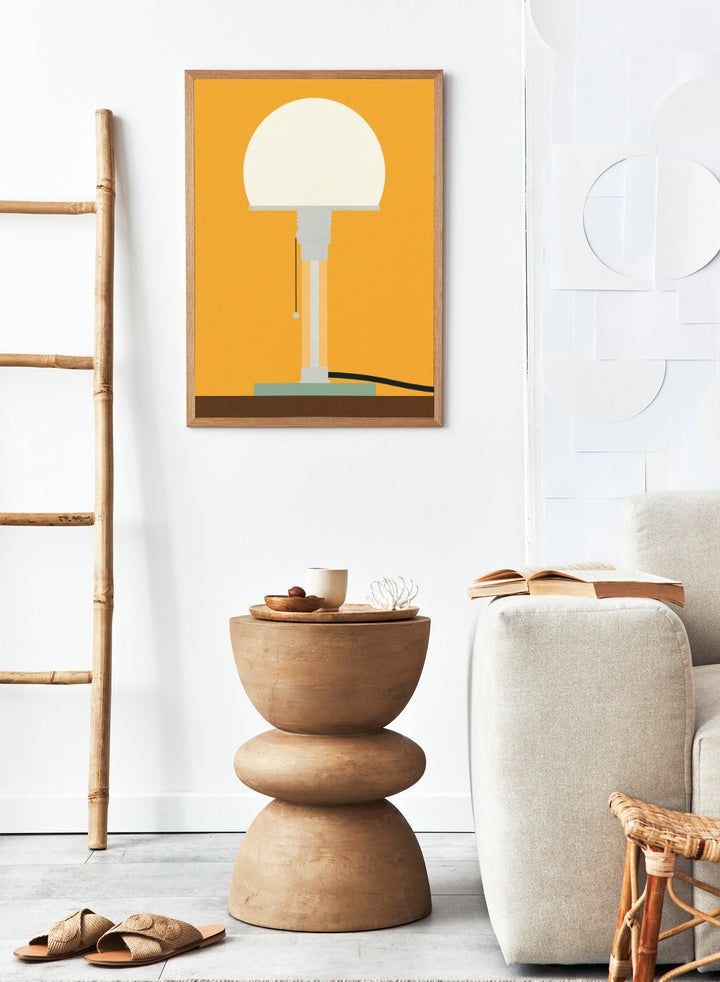 Illustration of a lamp on an orange background. Wagenfeld WG24 Table Lamp by Rosi Feist is a modern minimalist fine art print inspired by Bauhaus design. Officially licensed wall poster with optional artisan framing.