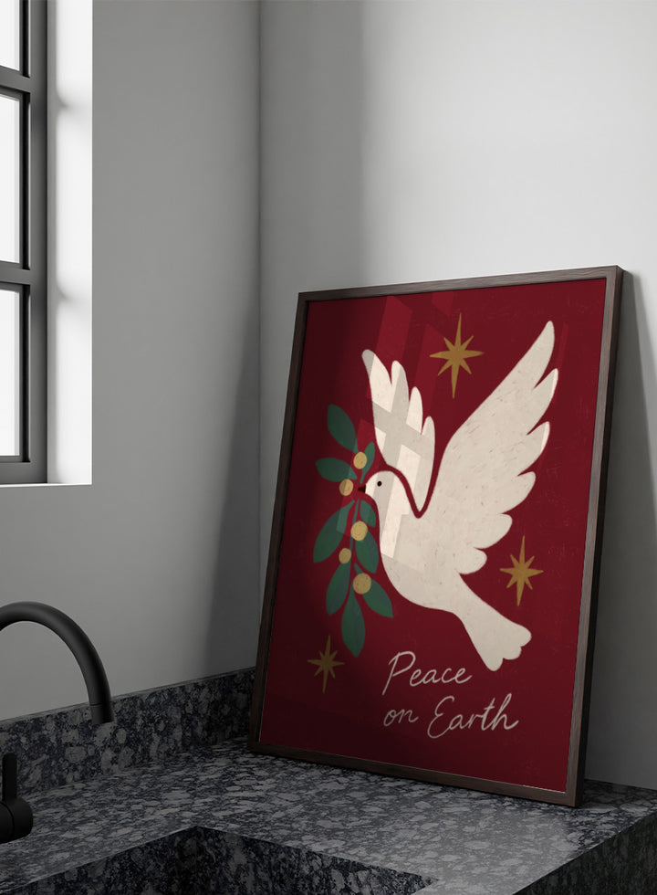 Shop Peace On Earth Dove by Katarzyna Gąsiorowska, a Christmas wall art print poster featuring a white peace dove, olive branch, stars, and festive holiday message.