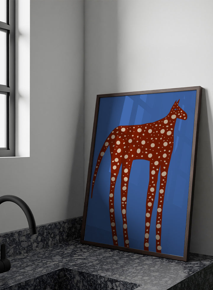 Spotted Long Legged Horse by The Art Concept playful animal art print featuring an elongated spotted horse against a bold blue background.