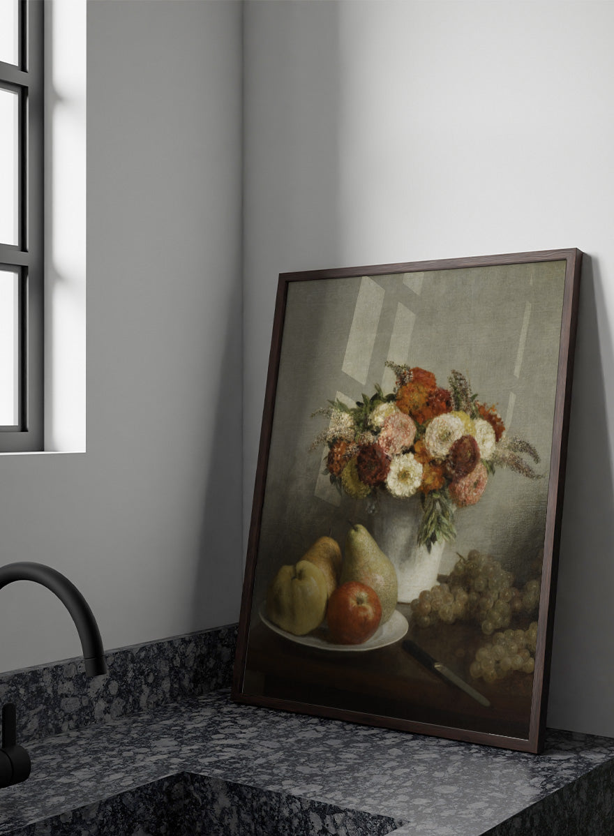 Shop Flowers and Fruit by Henri Fantin-Latour, a vintage still life wall art print poster featuring flowers, pears, apples, and grapes in warm brown tones.