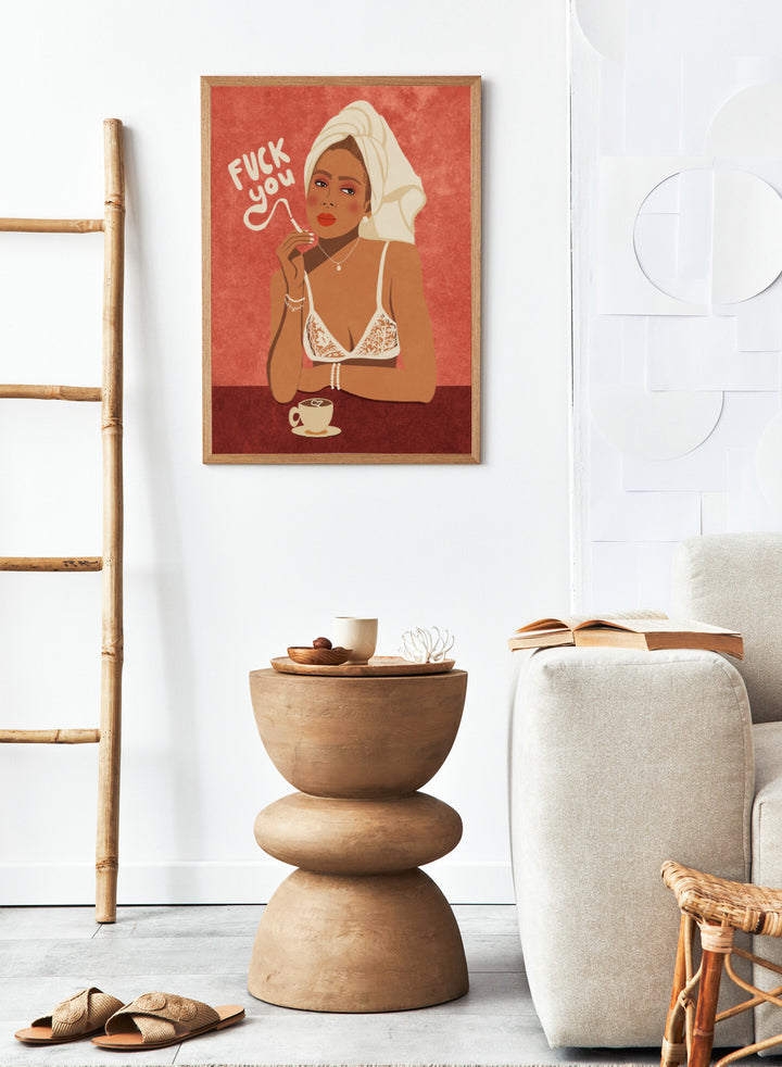 Illustration of a woman in lingerie with text and a cup of coffee on a red background. Fuck You by Raissa Oltmanns is a modern woman portrait art print with bold text, lingerie illustration, cigarette vibe, and statement wall poster style.
