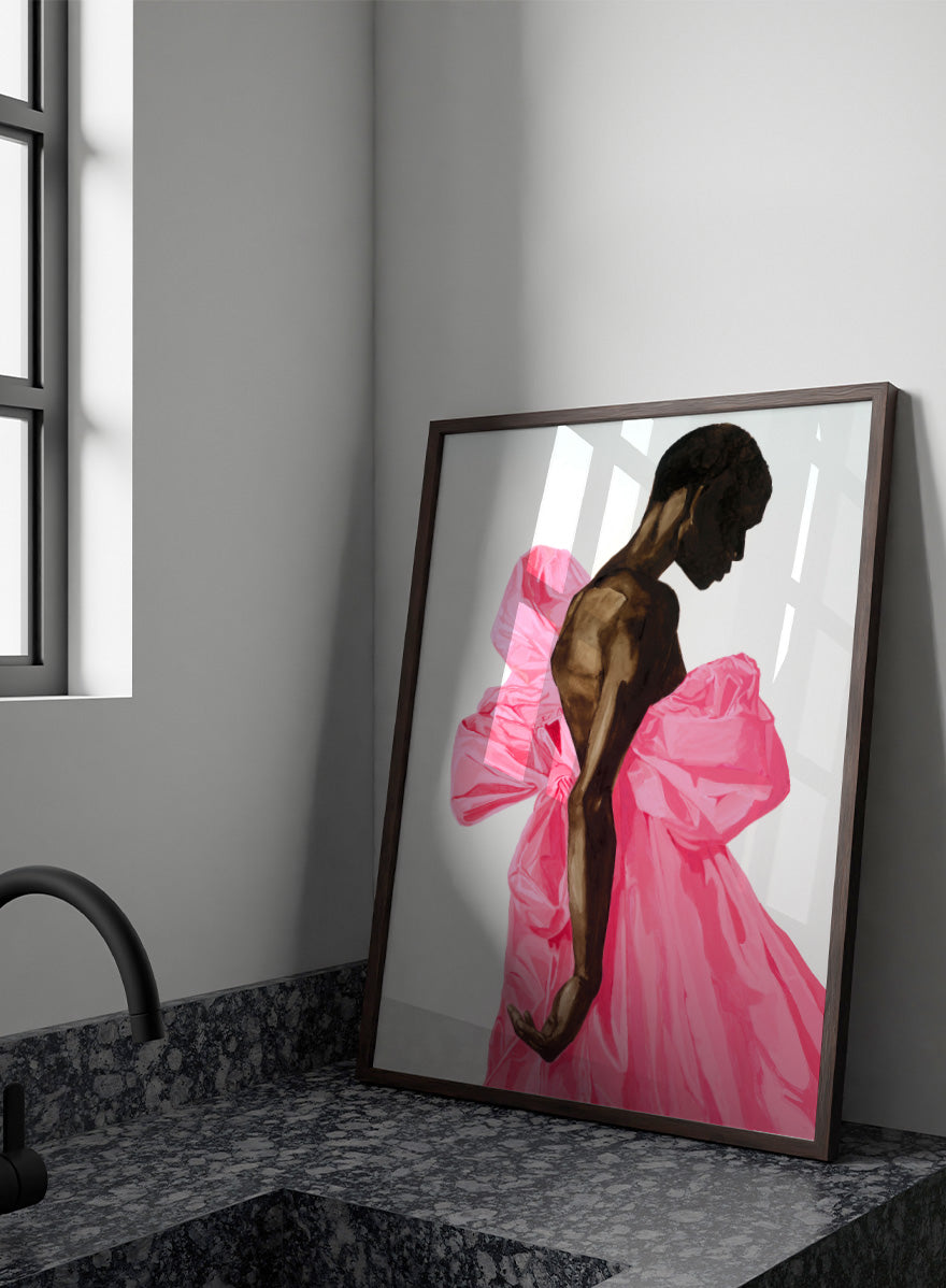 Shop Vibrant Pink Bow Dress by Sophia Novosel, a modern fashion wall art print poster featuring a woman in a dramatic pink dress with oversized bows.