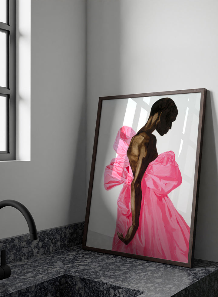 Shop Vibrant Pink Bow Dress by Sophia Novosel, a modern fashion wall art print poster featuring a woman in a dramatic pink dress with oversized bows.