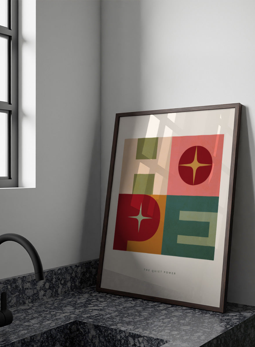 Shop Hope Retro Typography by Dominique Vari, a retro typography wall art print poster featuring bold geometric letters, star shapes, and warm vintage-inspired color.