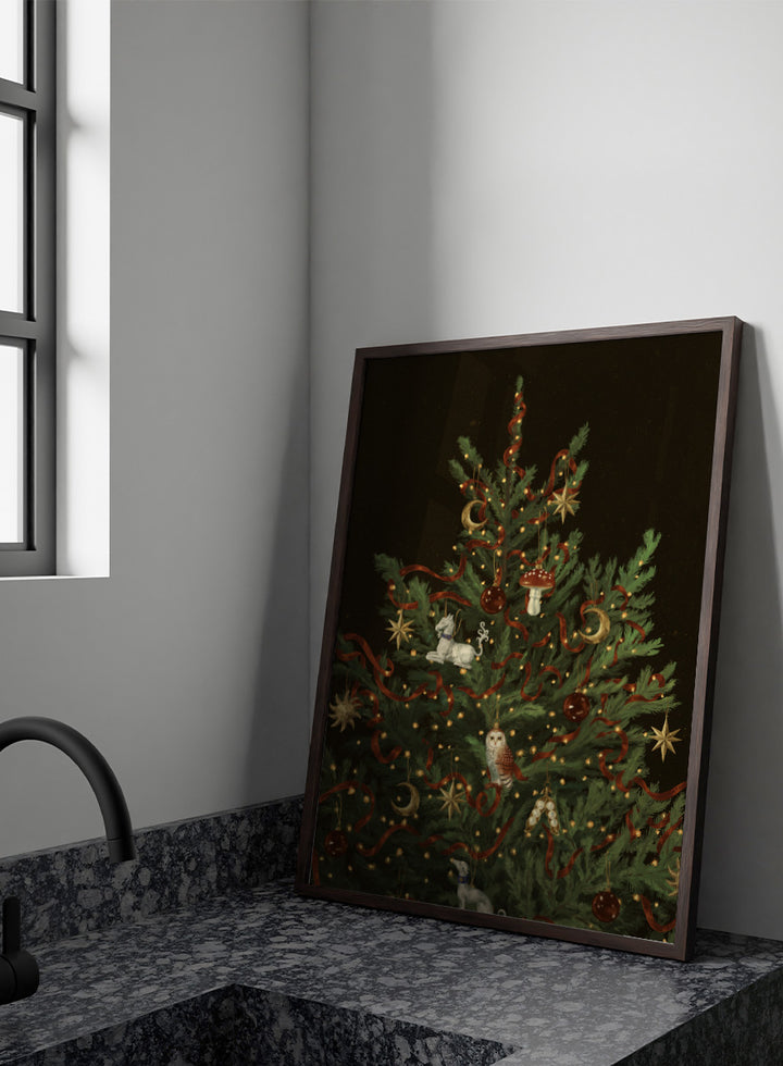 Shop Whimsical Christmas Tree by NKTN, a festive Christmas wall art print poster featuring woodland ornaments, red ribbon, stars, moons, and glowing lights.