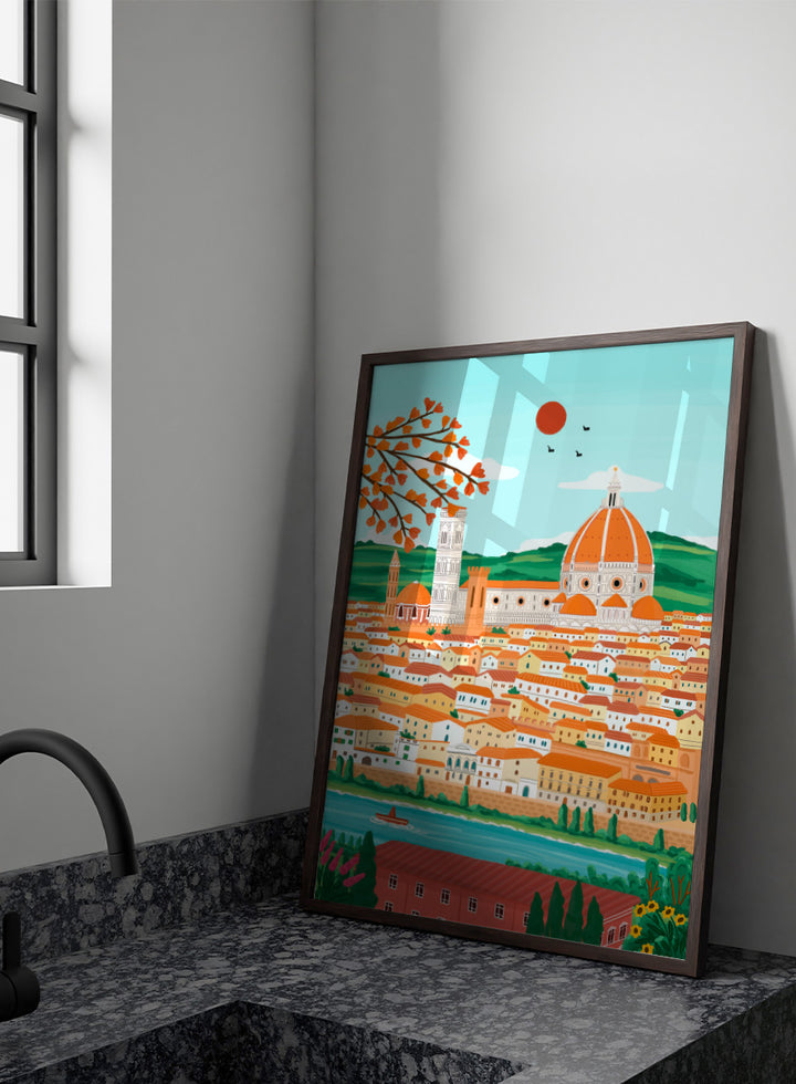 A colorful illustrated cityscape of Florence with the famous dome, towers, clustered buildings, a river, trees, and a red sun in the sky. Shop Florence Autumn Glow by Nidhi Kachhadiya, a colorful Florence wall art print featuring the Duomo, terracotta rooftops, autumn leaves, and warm orange tones.