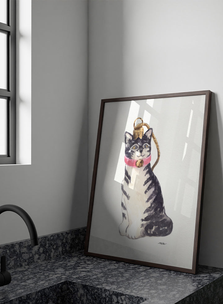 Shop Cute Tabby Ornament by NKTN, a festive cat wall art print poster featuring a gray tabby in a pink collar with a gold bell and Christmas ornament detail.
