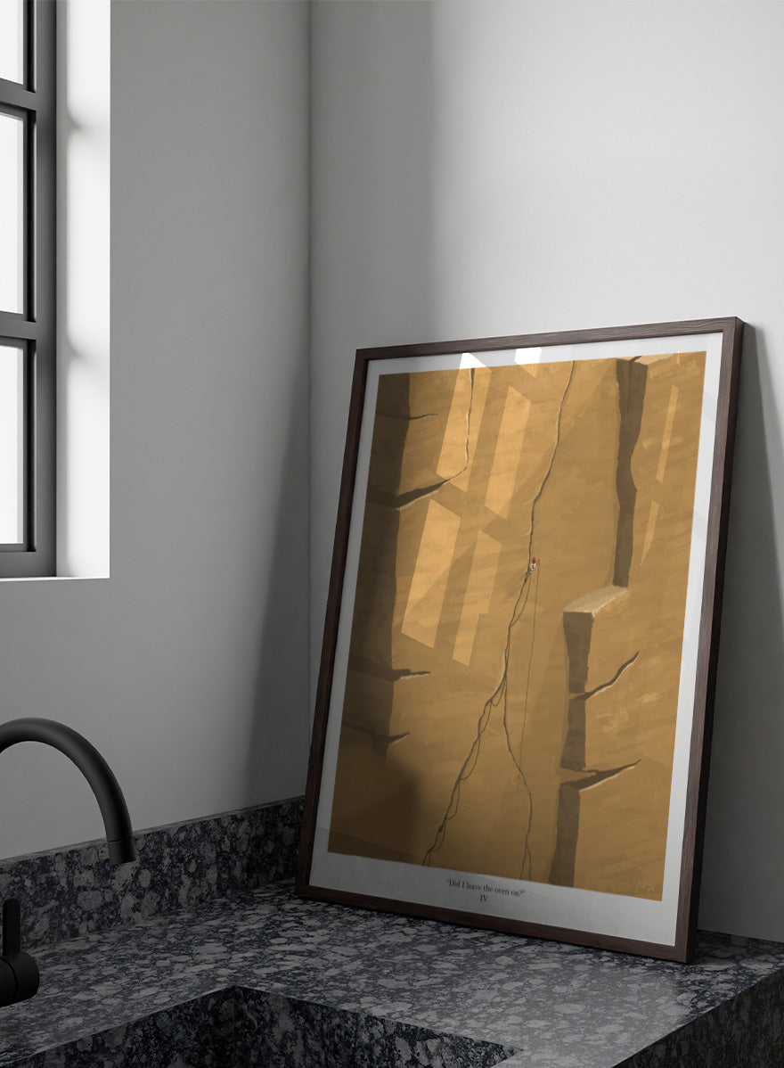An art print featuring a minimalist illustration of a climber on a massive sandstone cliff, with the caption &