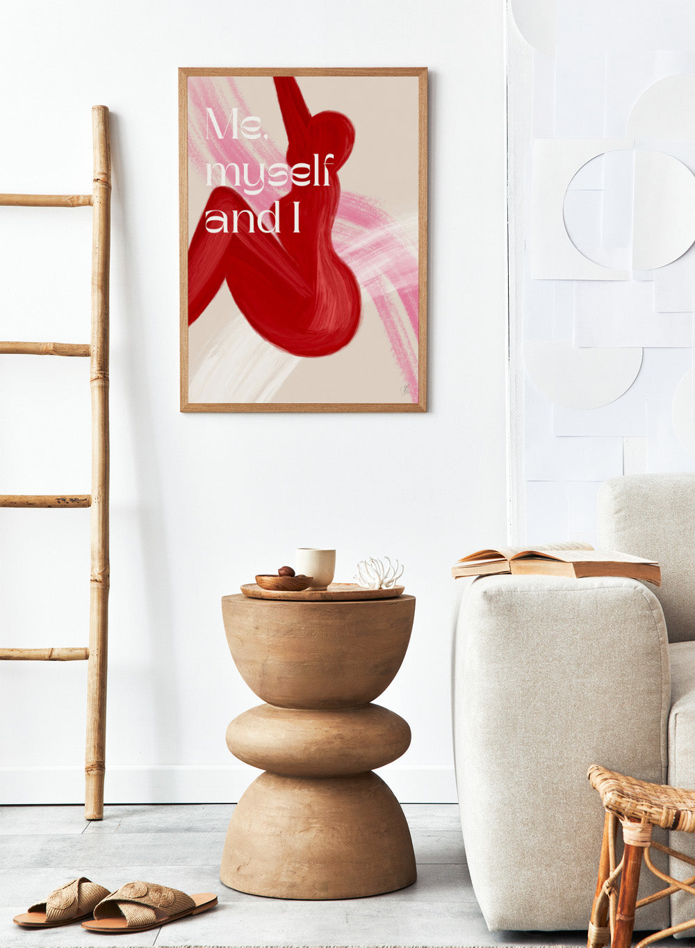 Abstract art with red shapes and 'Me, myself and I' text on a beige background. Red Woman by Anne-Marie Volfova is a modern figurative art print featuring bold red brushstrokes and empowering typography. Contemporary wall poster.