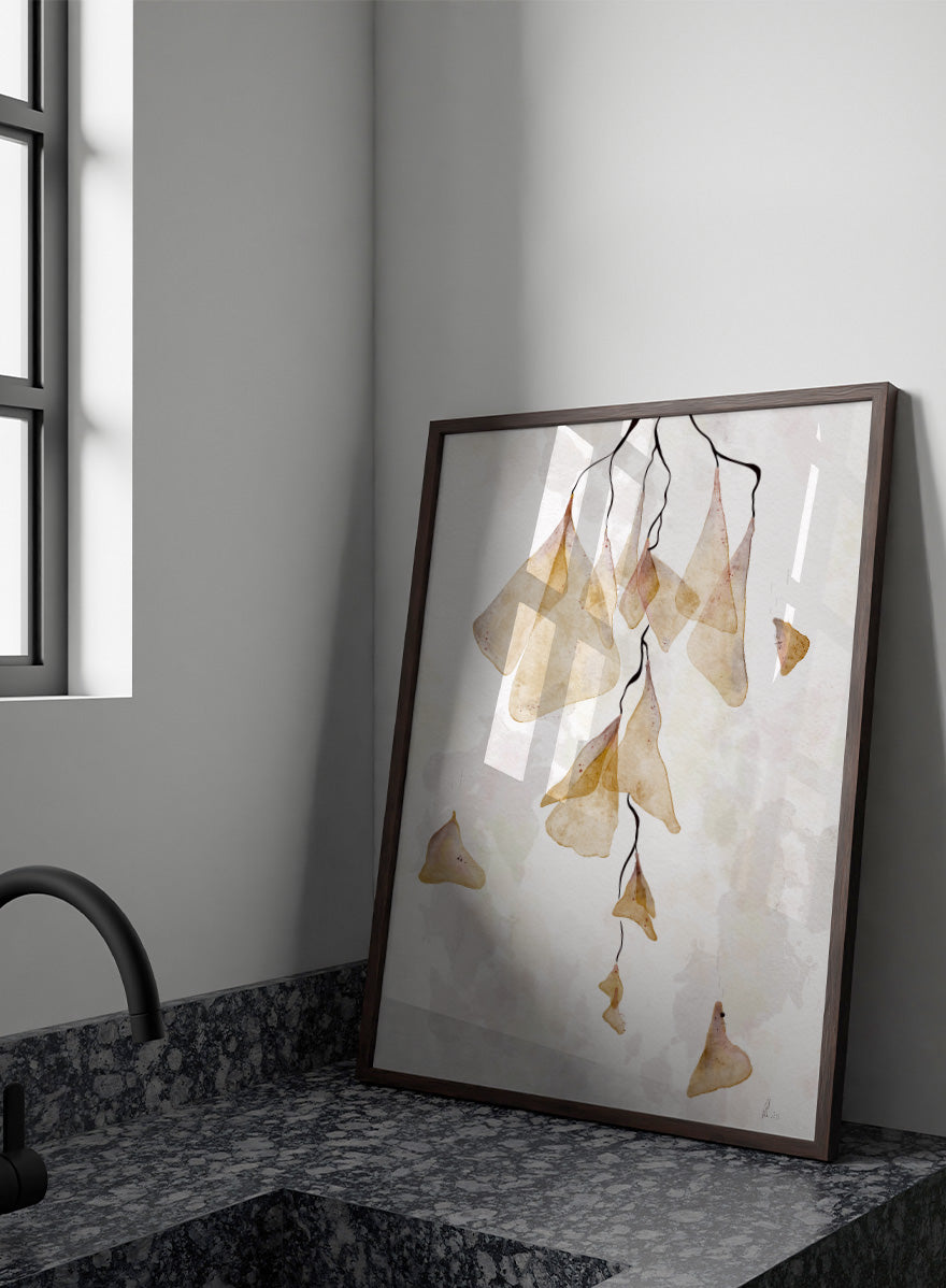 Watercolor art print featuring delicate, translucent beige and tan leaf-like shapes hanging from thin dark stems on a soft off-white background. Shop Translucent Organic Flow by Ankie Kooi, an abstract botanical wall art print poster with hanging watercolor florals, organic line art, and cream tones.