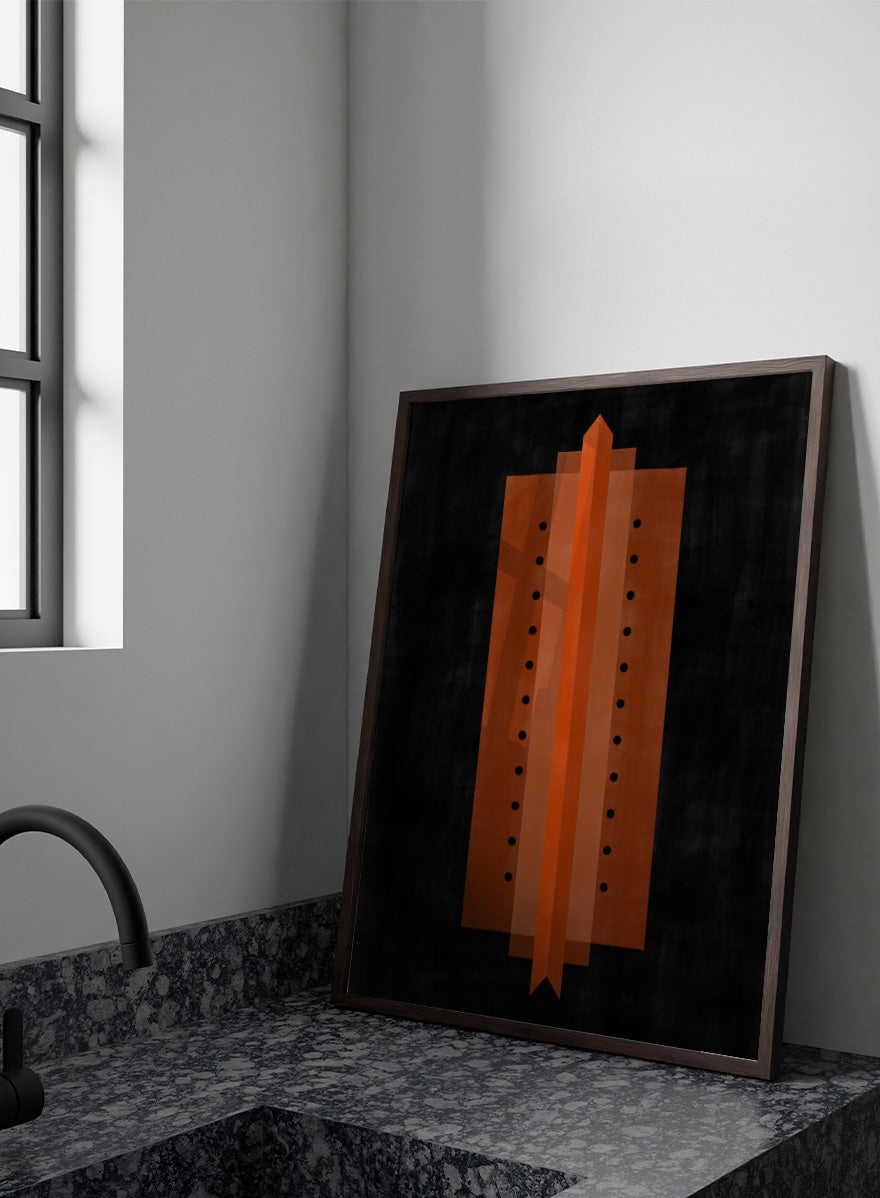 Shop Orange Art Deco Structure by Elena Ristova, a modern abstract wall art print poster featuring bold orange geometry, black dots, and strong symmetry.
