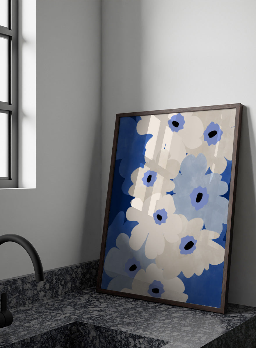 Shop White and Blue Flowers by Elena Ristova, a modern floral wall art print poster featuring oversized cream and blue blooms with bold cobalt and black details.