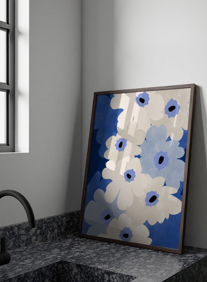 Shop White and Blue Flowers by Elena Ristova, a modern floral wall art print poster featuring oversized cream and blue blooms with bold cobalt and black details.