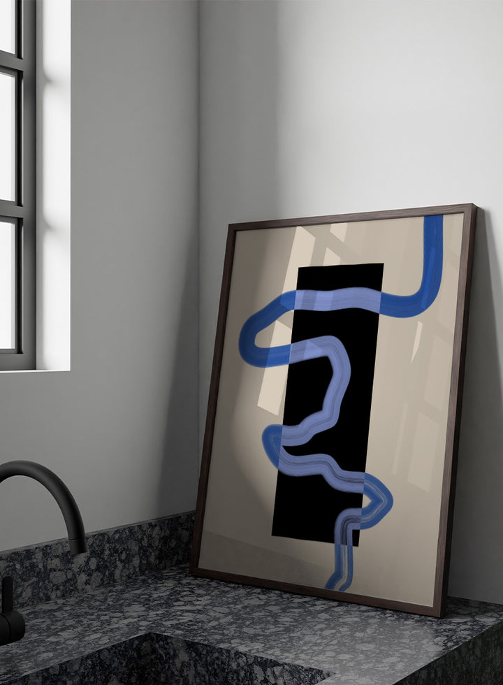 Shop Flowing Blue Lines Rectangle by Elena Ristova, a modern abstract wall art print poster with painted blue lines, a black rectangle, and cream tones.