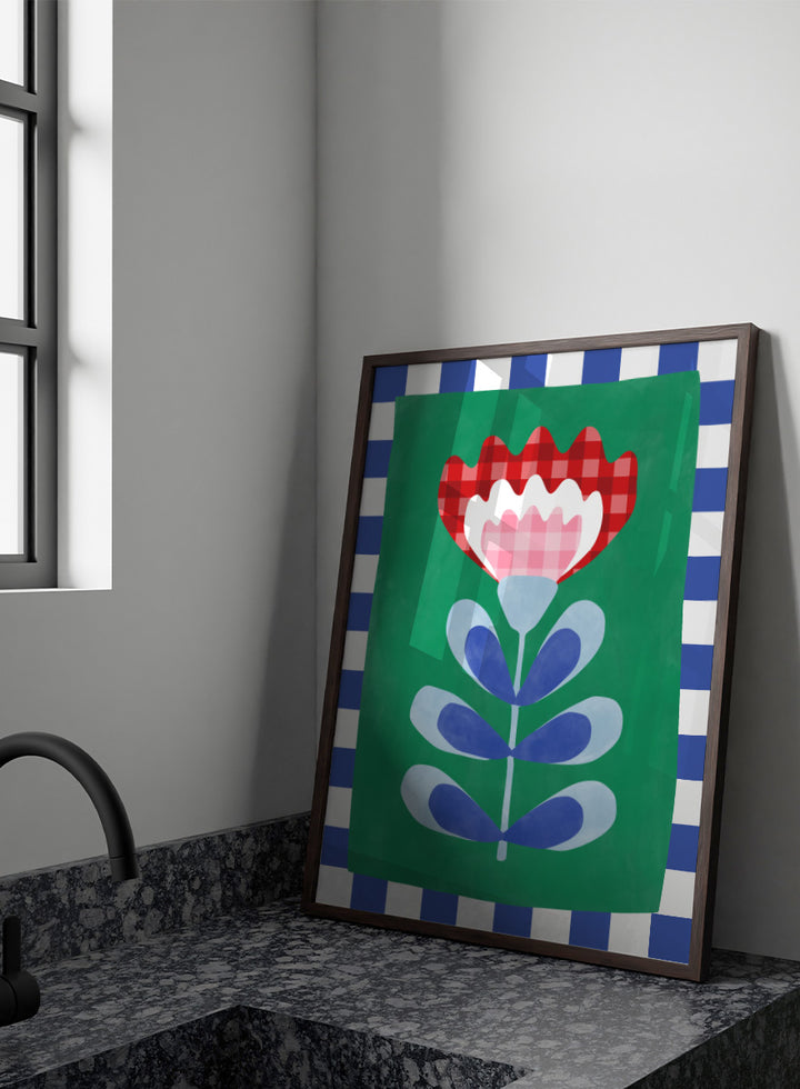 Shop Gingham Folk Flower by Elena Ristova, a colorful floral wall art print poster featuring gingham petals, checkerboard borders, and bold green, red, blue, and pink.