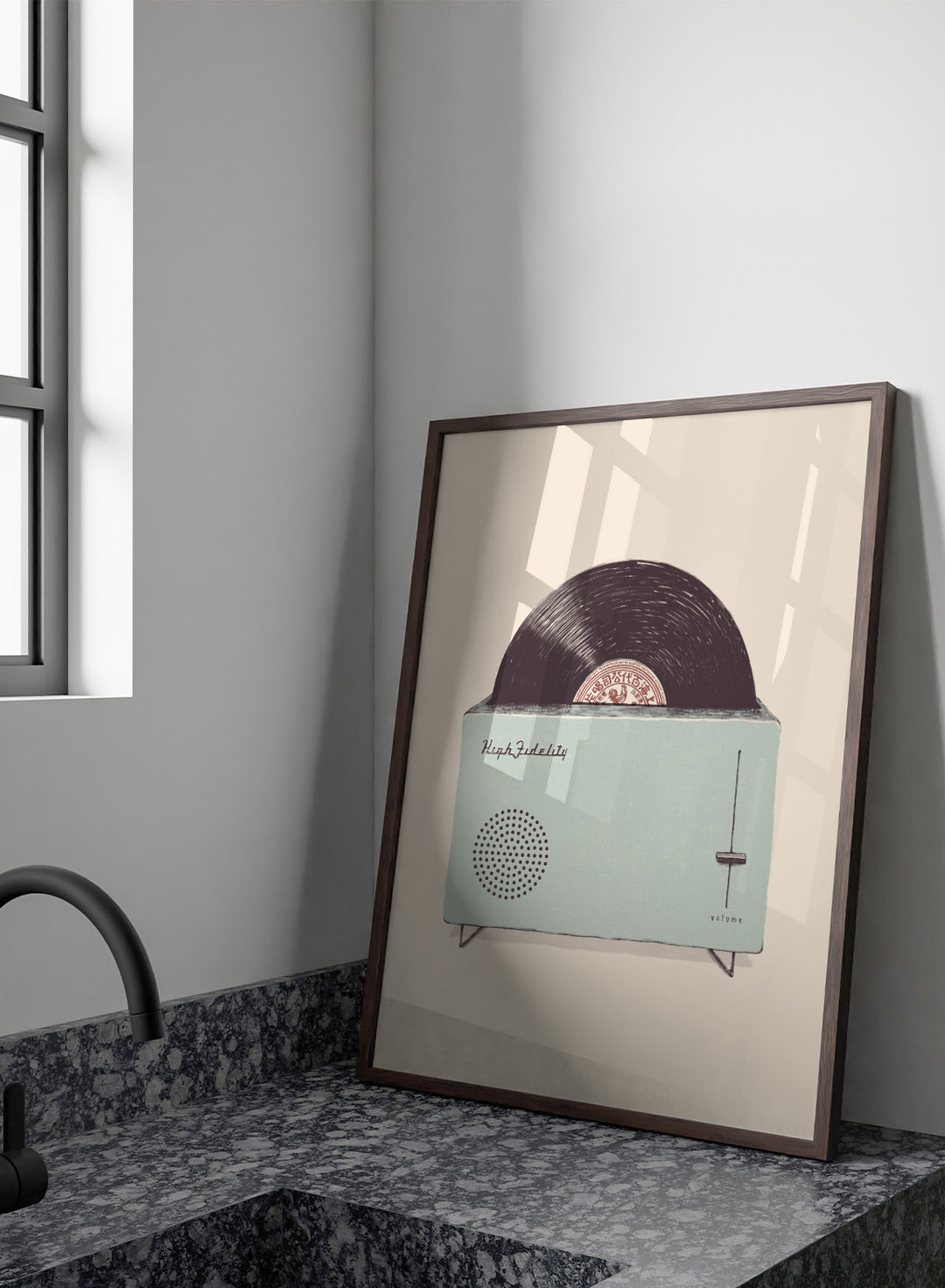 Vintage-style record player with vinyl record on a beige background. Retro Record Toaster by Florent Bodart is a playful vintage-inspired art print featuring a record player toaster, a modern retro wall poster with music theme.