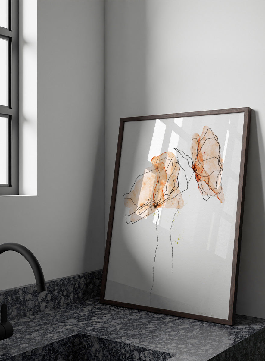 Abstract floral art print featuring two watercolor-style peach and orange flower shapes with thin black line details on a white background. Shop Abstract Peach Flowers by Ankie Kooi, a floral wall art print poster with abstract botanical line art, watercolor flowers, peach, orange, and black.