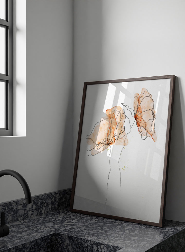 Abstract floral art print featuring two watercolor-style peach and orange flower shapes with thin black line details on a white background. Shop Abstract Peach Flowers by Ankie Kooi, a floral wall art print poster with abstract botanical line art, watercolor flowers, peach, orange, and black.
