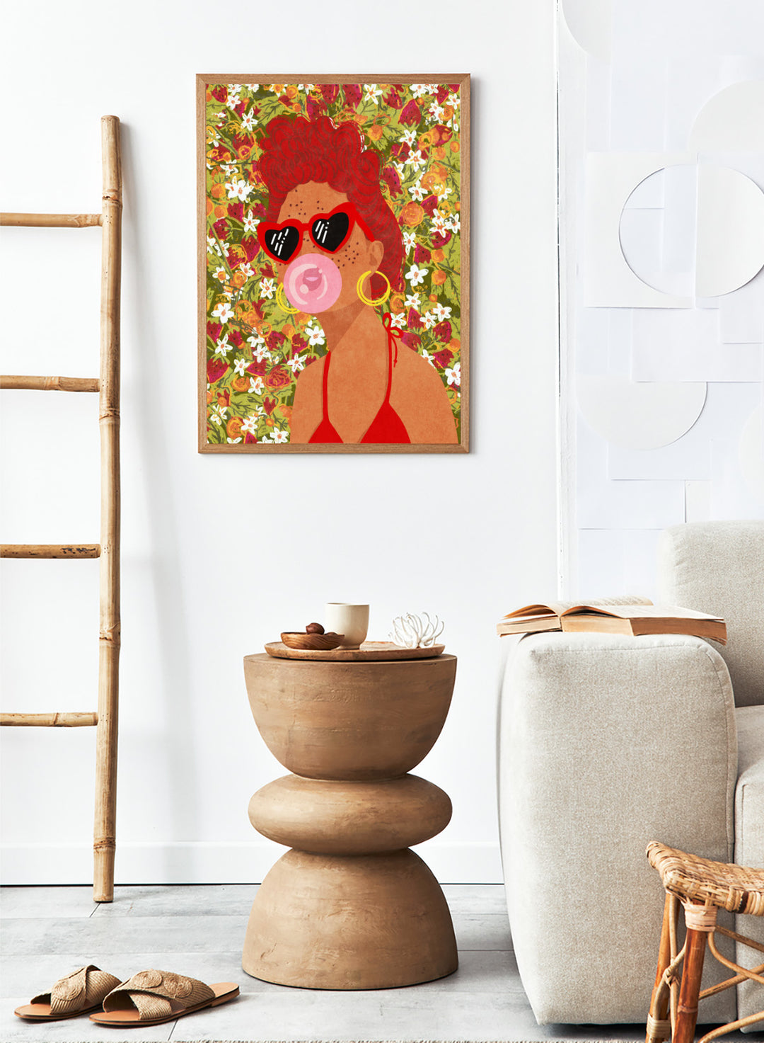 Illustration of a woman with red hair, sunglasses, and a pink bubble gum against a floral background. Strawberry Lady by Raissa Oltmanns fine art print featuring bold female portrait with strawberry background, modern colorful wall decor poster.