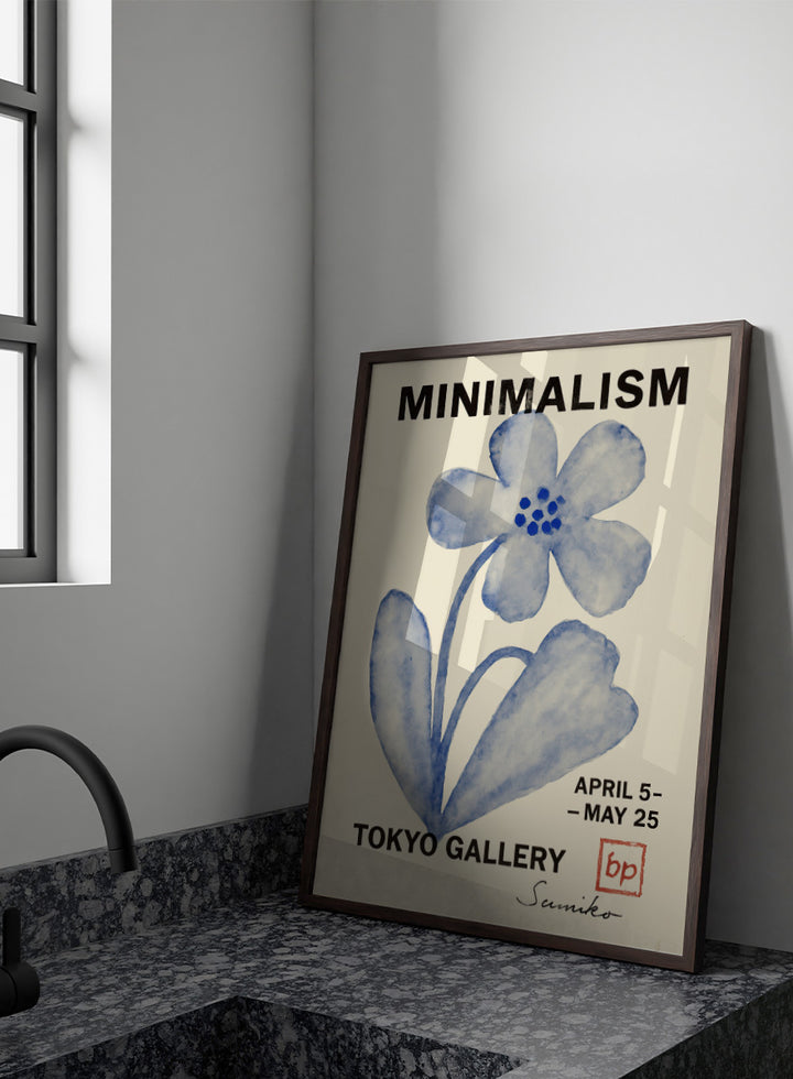A minimalist art poster featuring a blue watercolor flower illustration on a cream background, with bold black text reading &