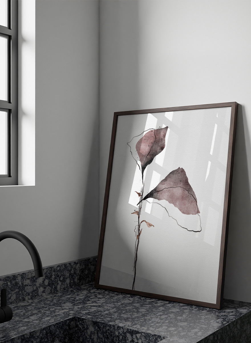 Abstract watercolor floral art print featuring two muted mauve-brown flower shapes on a thin black stem against a white textured background. Shop Muted Botanical Abstraction by Ankie Kooi, an abstract botanical wall art print poster with watercolor leaves, minimalist line art, purple, brown, and cream.