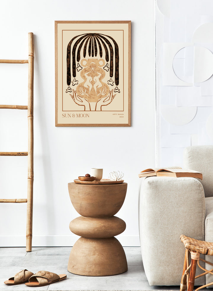 Artistic illustration of hands holding a symbol with 'Sun & Moon' text on a beige background. Vessel Collection: Sun & Moon by Arty Guava art print, modern vase wall poster with moon symbolism, contemporary minimalist line artwork.