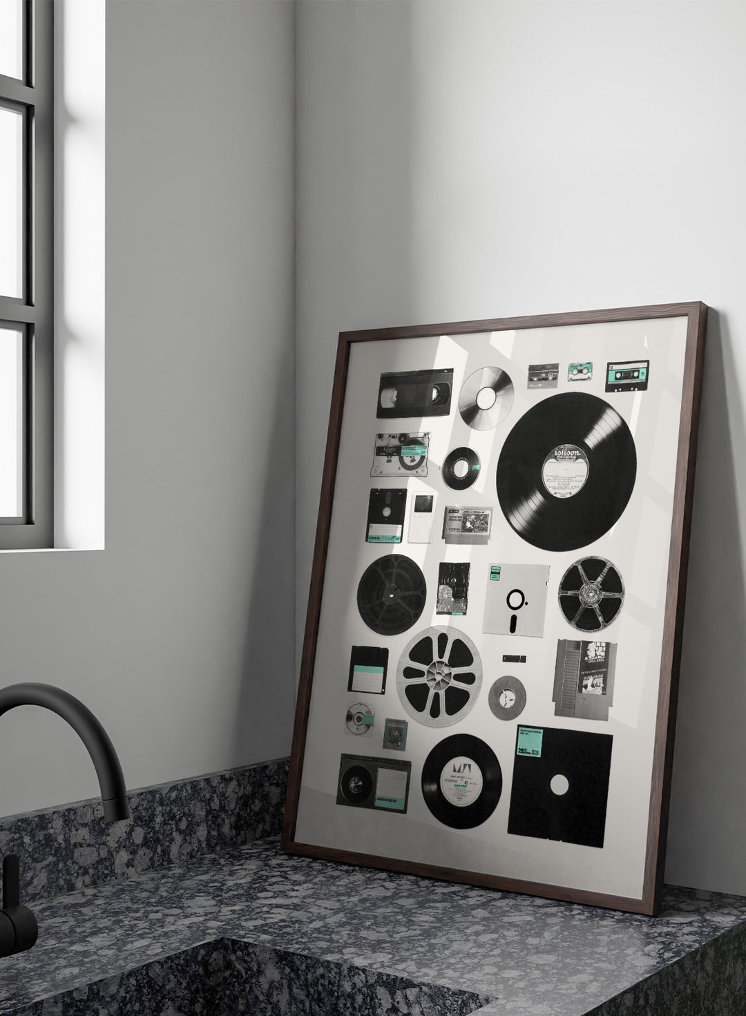Collection of vintage audio and video equipment on a white background. Analog Digital Memories by Florent Bodart is a retro media art print featuring vinyl, cassette, and floppy disks, a modern wall poster exploring analog and digital design.