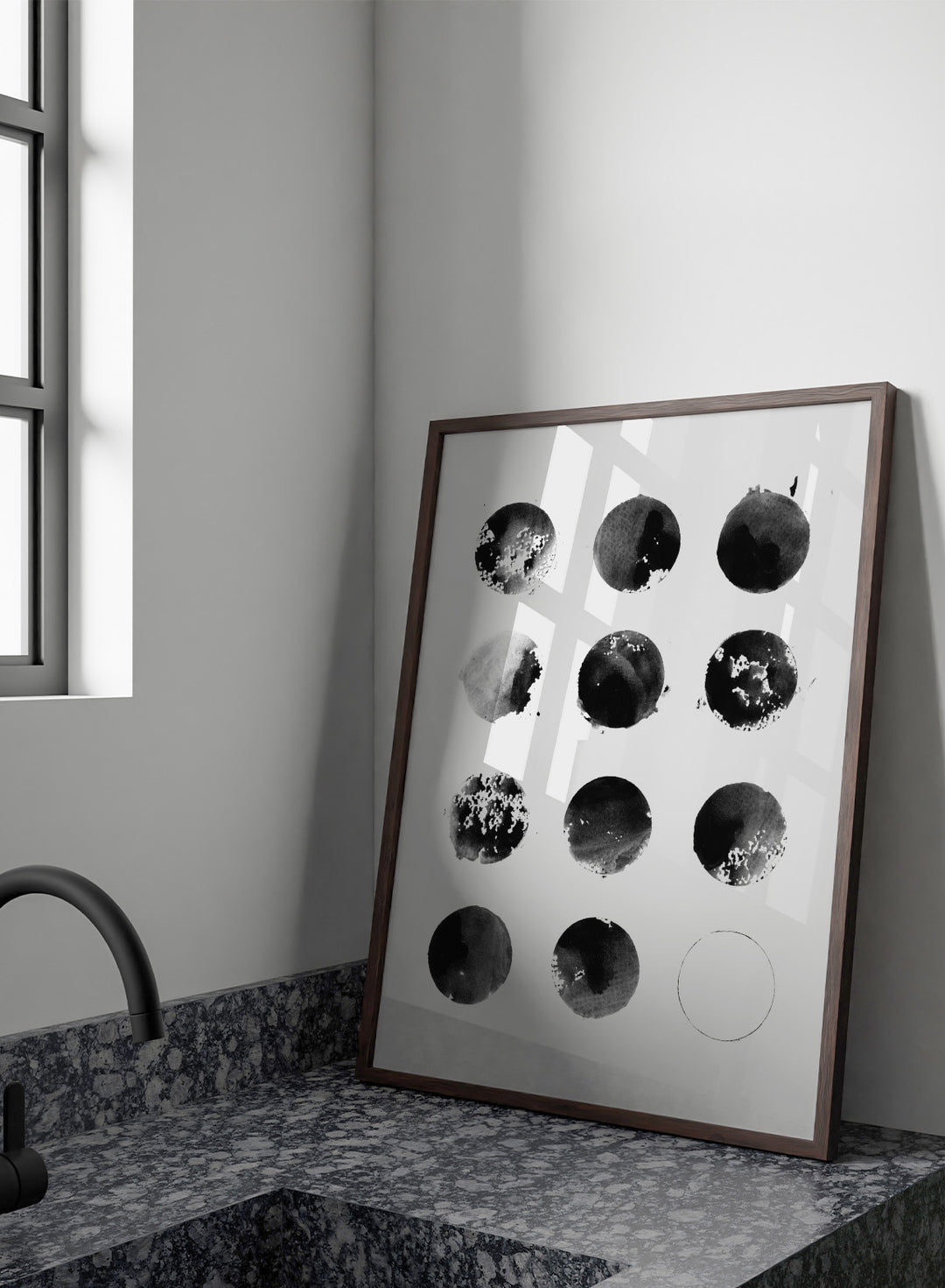 Black and white pattern of circular shapes on a textured background. Fluid Black Circles by Florent Bodart is a minimalist abstract art print with black ink circles, a modern black and white wall poster with graphic grid design.