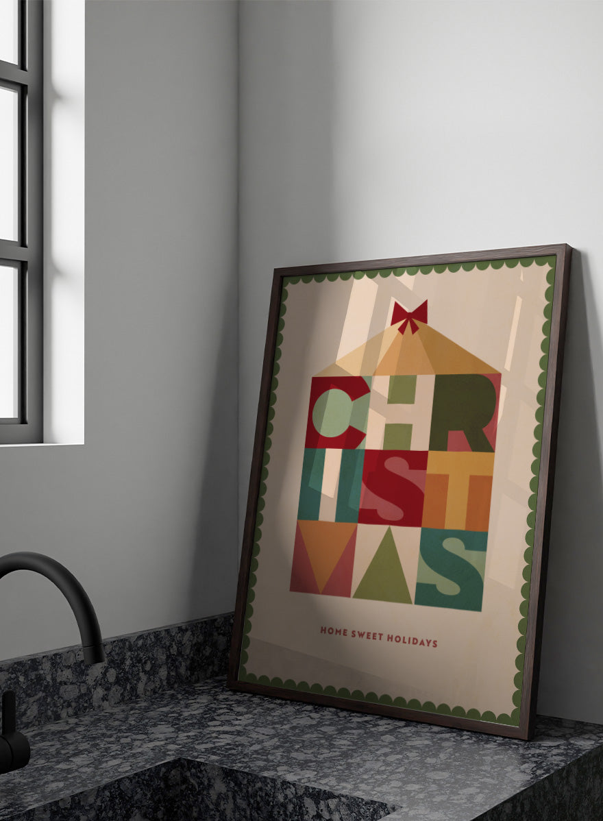 Shop Home Sweet Christmas by Dominique Vari, a retro holiday wall art print poster featuring geometric typography, a festive house, bow, and warm vintage colors.