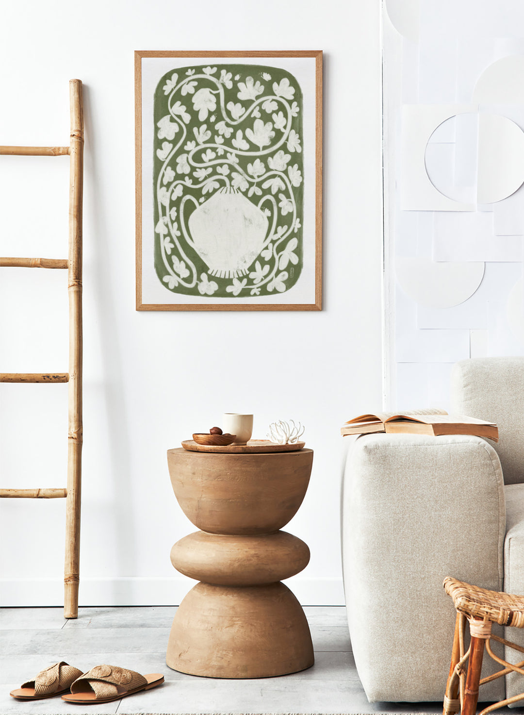Winding Botanical Vase by Dirkie Nell is a modern folk art print featuring botanical vines, olive green tones, and hand drawn Scandinavian inspired wall art.