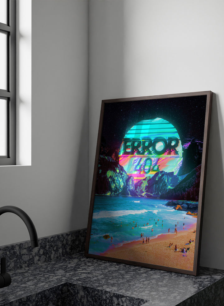 Beach scene with a futuristic 'ERROR 404' sign in the sky. Vaporwave Error Beach by Nicebleed is a surreal glitch beach art print featuring neon error graphics and a distorted sun, modern aesthetic wall poster.