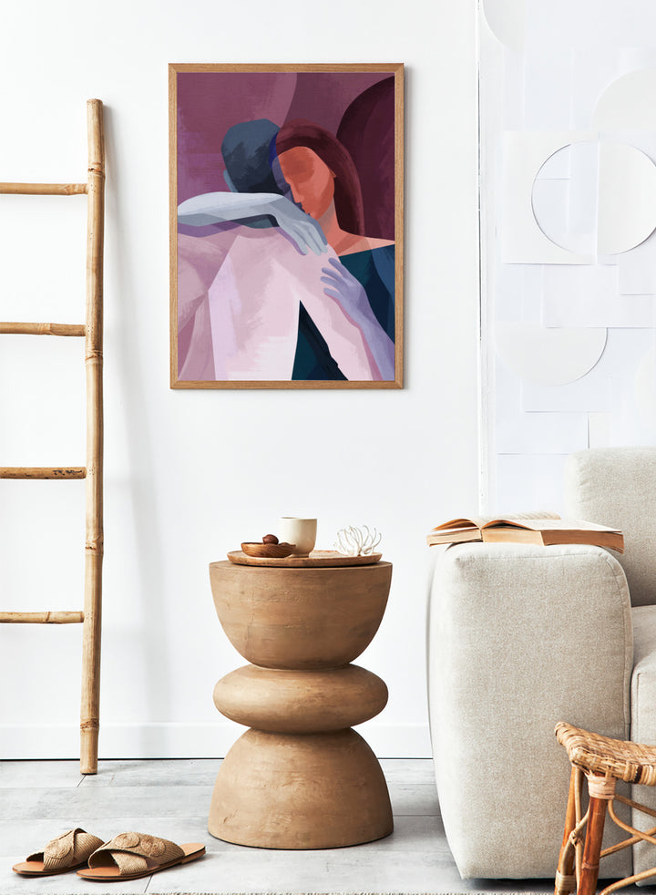 Artistic illustration of two people embracing with abstract background. In This Together by Goed Blauw is a modern abstract figure art print and wall poster featuring two people in an intimate embrace with layered soft colors.