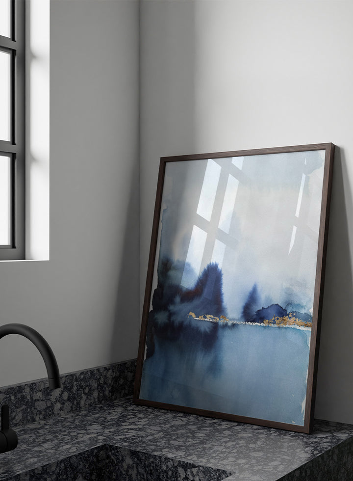 Shop Golden Horizon Blue Landscape by Helena Ryhle, a watercolor landscape wall art print poster with misty blue scenery and a striking gold horizon.