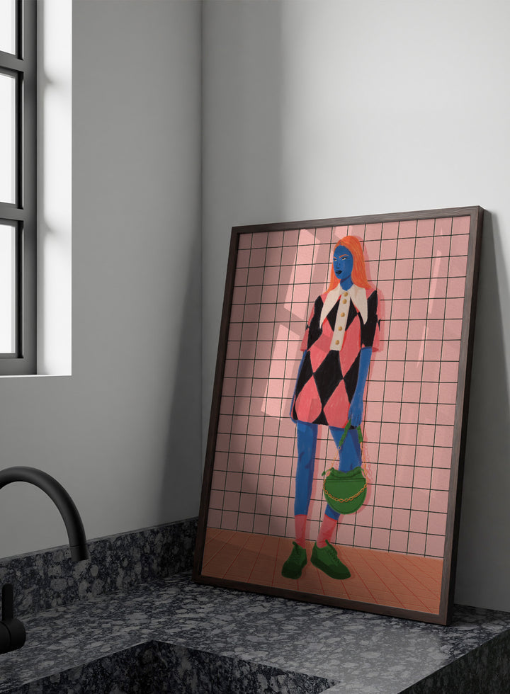 A stylized fashion illustration of a person with blue skin and orange hair, wearing a pink and black harlequin dress with a white collar, blue leggings, green shoes, and carrying a green bag, set against a pink grid background. Vibrant Argyle Style by Lisa Solomoniuk premium framed fine art print featuring a bold fashion figure in bright pink, blue, green, and black.